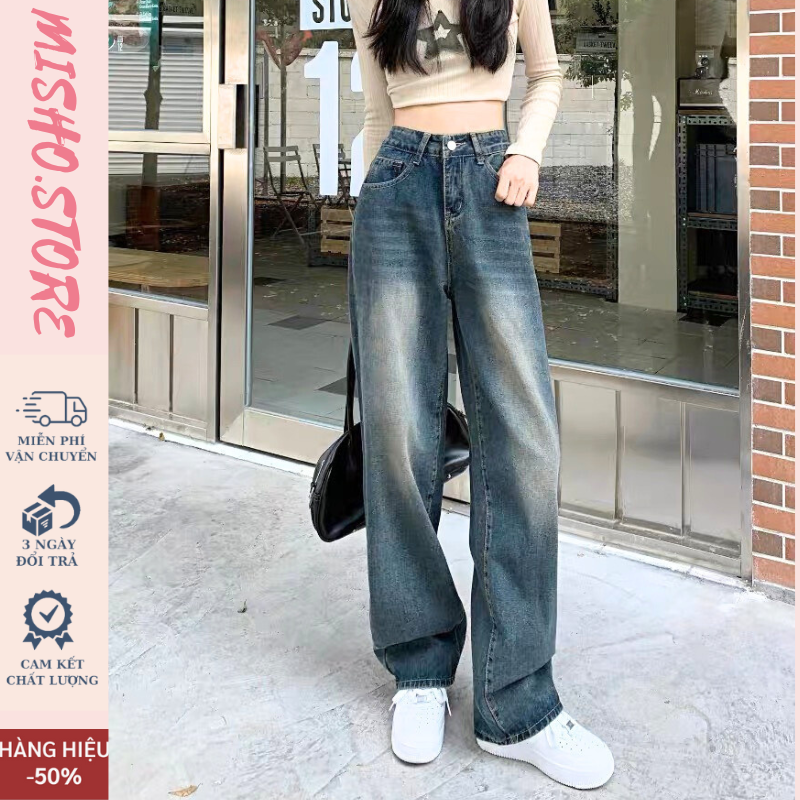 Quần Jean nữ ống rộng CẠP CAO Misho, Quần Bò jeans nữ đen xám phong cách Retro Ulzzang 2023 | BigBuy360 - bigbuy360.vn