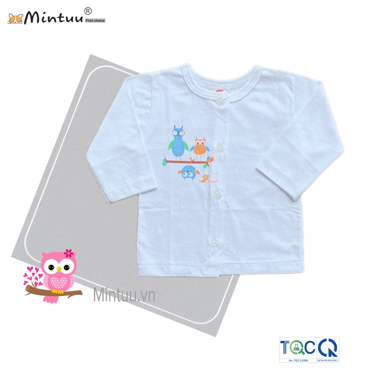 Set 2 áo sơ sinh cho bé sơ sinh cài giữa trắng tay dài,  vải 100% cotton MINTUU - Thời trang và đồ dùng cho trẻ em