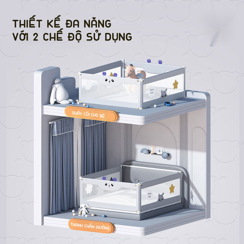 Thanh chắn giường cho bé KidAndMom BR23 kiêm quây cũi thiết kế chống kẹt, chống vấp ngã, nâng hạ 1 hoặc 2 bên