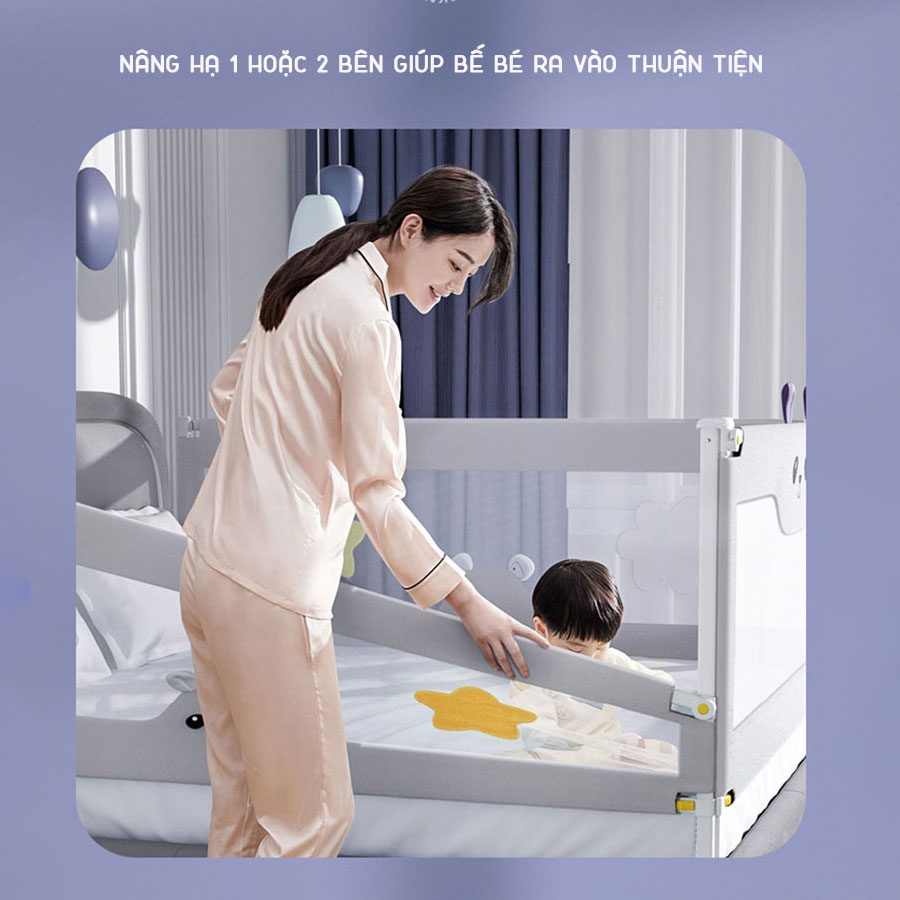 Thanh chắn giường cho bé KidAndMom BR23 kiêm quây cũi thiết kế chống kẹt, chống vấp ngã, nâng hạ 1 hoặc 2 bên