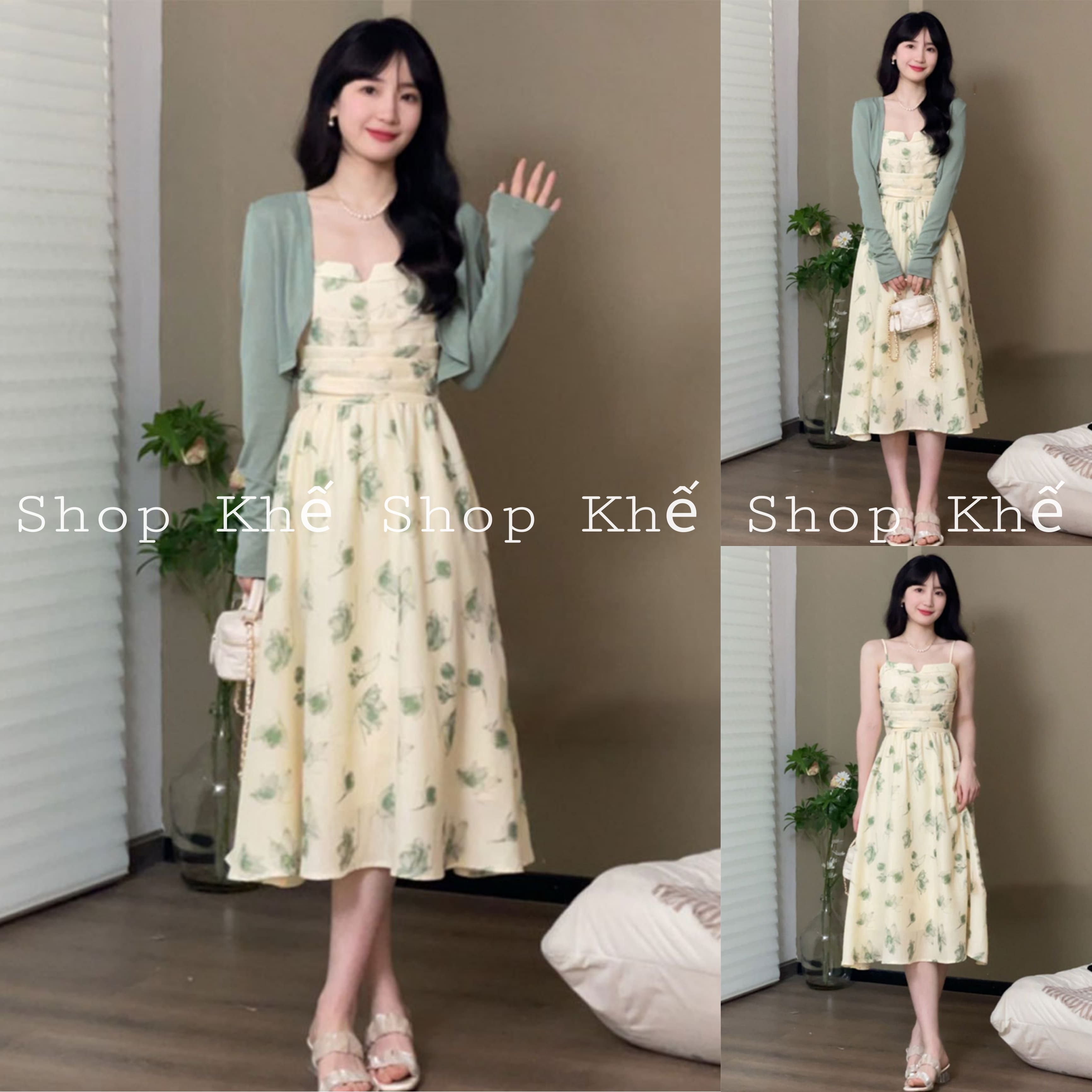 Đầm maxi đi biển 2 dây dáng dài, khí chất Pháp sang trọng dự tiệc, đi chơi, kèm áo khoác xanh rêu cao cấp