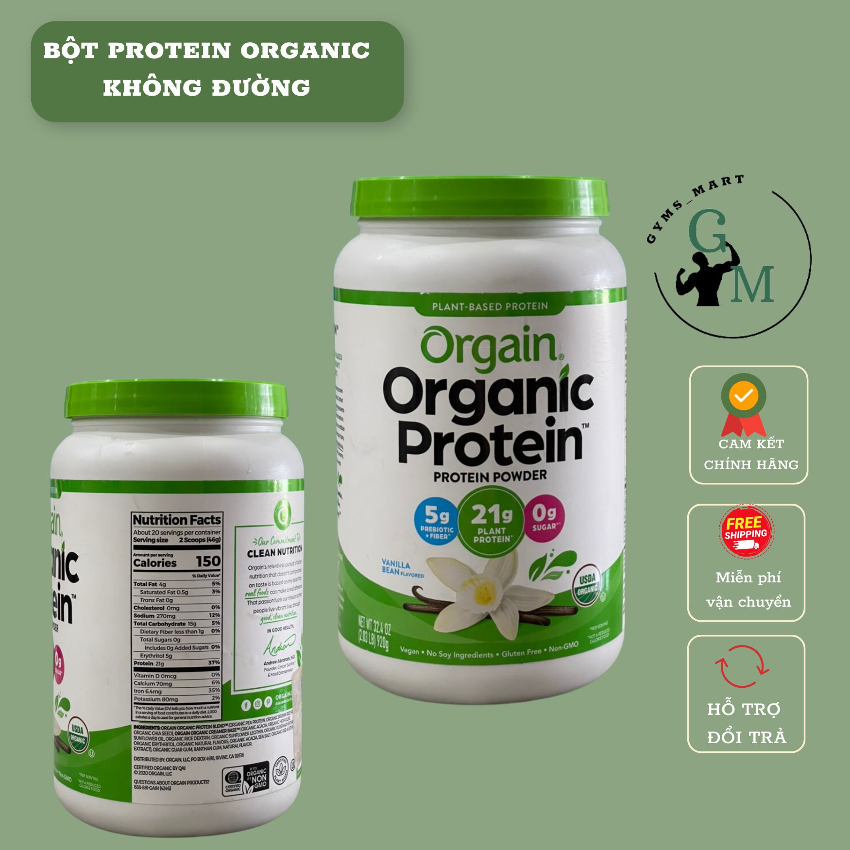 Bột Protein không đường, thực vật hữu cơ Orgain Organic Protein nhập khẩu Mỹ  -hỗ trợ ăn kiêng, ăn chay, giảm cân
