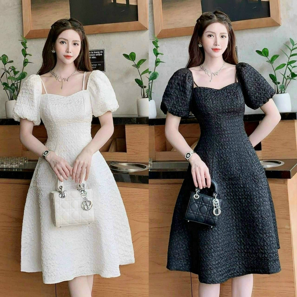 Đầm công chúa dáng midi xếp ly ôm dáng có mút ngực tay phồng 2 màu sang chảnh, thanh lịch