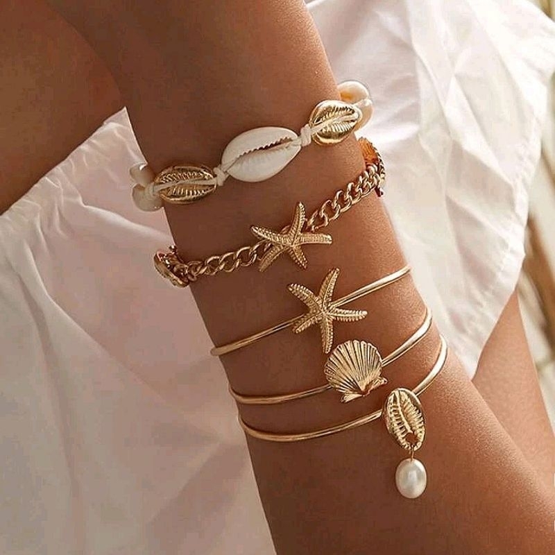 Set 5 Vòng Tay Trang Trí Charm Vỏ Ốc, Sao Biển Thời Trang Thanh Lịch Dành Cho Nữ Y2K
