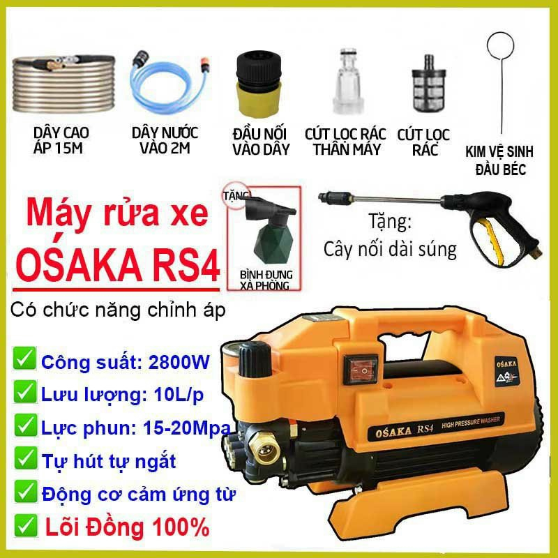 Máy xịt rửa xe chỉnh áp Osaka RS4 - Công suất 2800W Dây 15m- - Motor cảm ứng từ Lõi Đồng