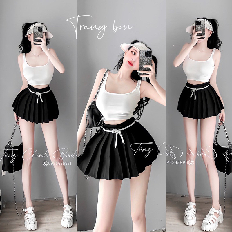 Sét áo váy 3 lỗ đi chơi nơ eo xinh xắn