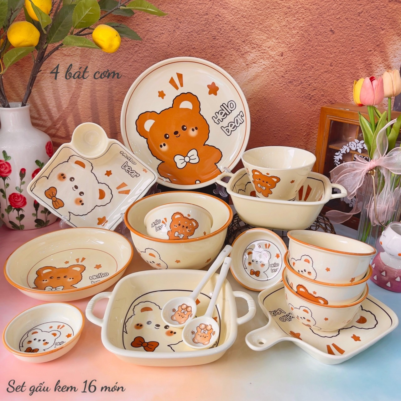 Bát Ăn Cơm - Bộ Bát Đĩa Gấu Kem - Chén Dĩa Sứ Decor Bàn Ăn Dễ Thương