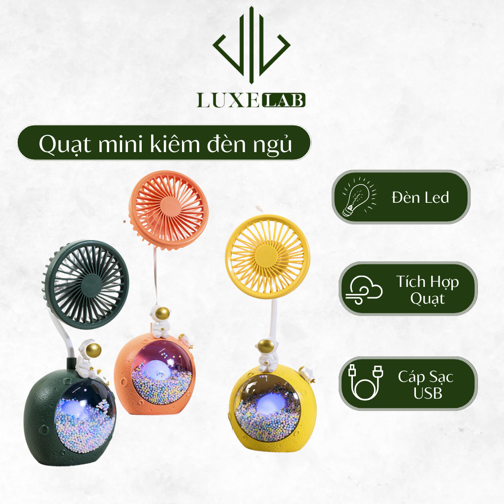 Quạt Mini Tích Điện Để Bàn Có Đèn Ngủ Kiểu Phi Hành Gia Trang Trí Bàn Học LUXELAB 11789