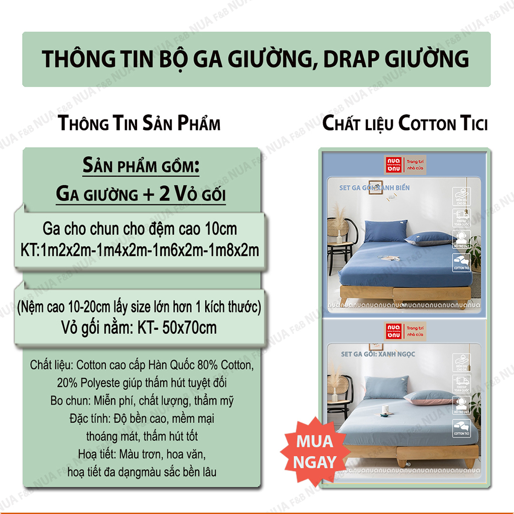 Bộ Ga Gối 3 Món Cotton Tici Chất Đẹp Nhập Khẩu Ga Giường và 2 Vỏ Gối Bo Chun Luồn Thay Được