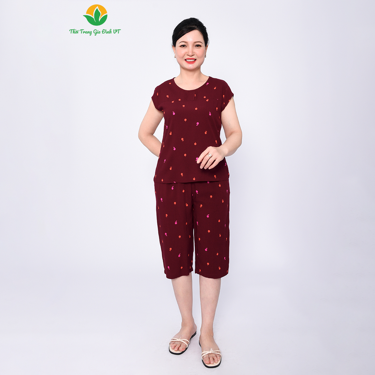 Bộ quần áo mặc nhà trung niên Việt Thắng, quần lửng, áo cộc tay, chất lanh tole - B06.2324