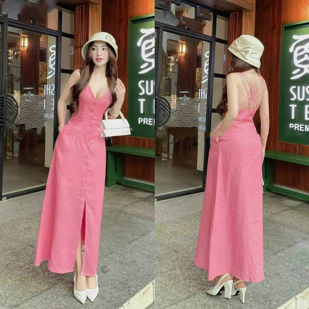 Đầm maxi công chúa dáng hai dây đan chéo lưng xẻ ống đính nút 4 màu tôn da duyên dáng, đáng yêu