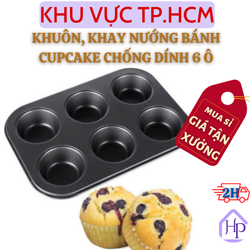 [Sỉ siêu rẻ] Khuôn Nướng Bánh Chống Dính 6 ô, Khay Nướng Bánh Cupcake (26,5 x 18,5), Phụ Kiện Hỗ TrợLàm Bánh Chuyên Dụng