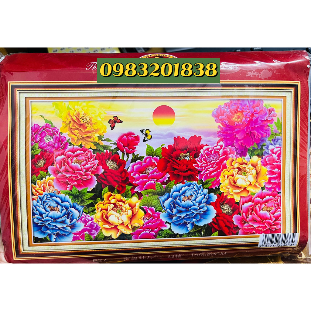 Tranh thêu chữ thập Hoa mẫu đơn E27 kích thước 100 x 60 cm