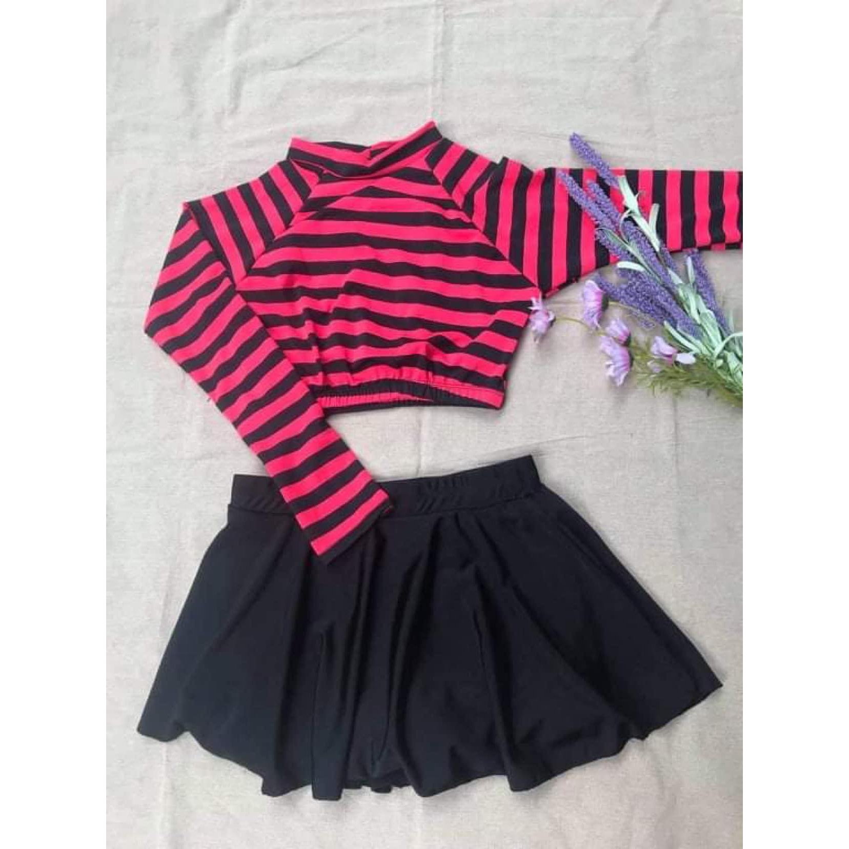 Đồ bơi nữ tay dài kín đáo bikini 2 mãnh áo có mút ngực váy xòe lưng cao che bụng bên trong có quần đùi Xuka