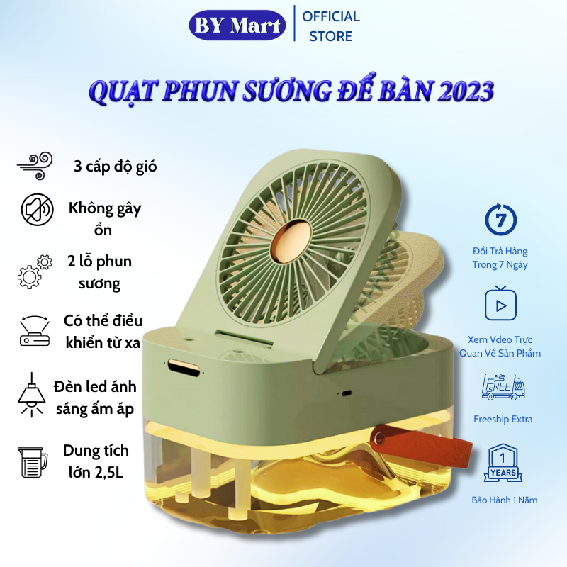 Quạt phun sương để bàn quạt điều hòa tạo ẩm dung tích 2,5l tích hợp đèn led kèm điều khiển chế độ hẹn giờ, 3 cấp độ gió.
