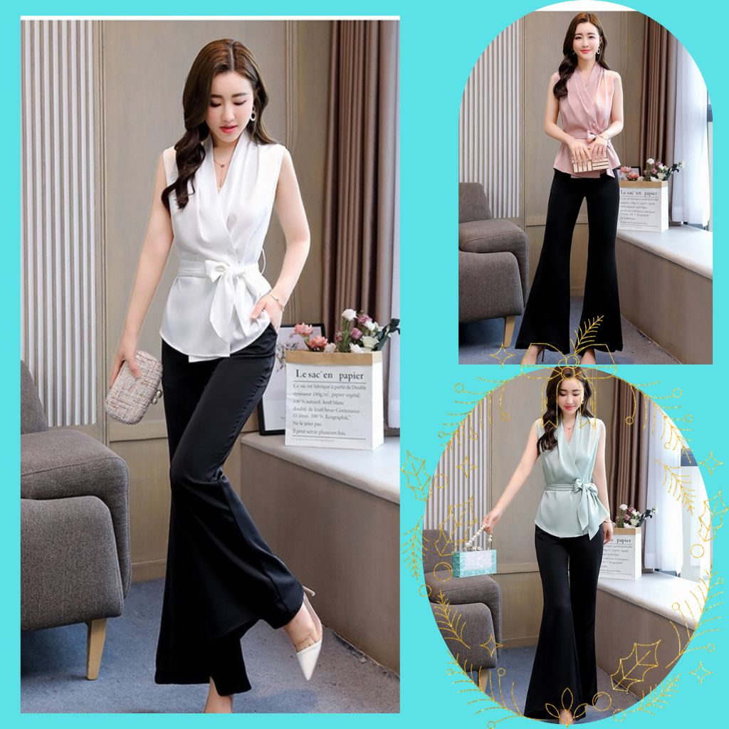 Set Đồ Công Sở Nữ, Bộ Bigsize Đi Chơi, Đi Làm Áo Sát Nách Đắp Cố Vạt Xéo Phối Bell Quần Suông Ống Rộng Sang Trọng