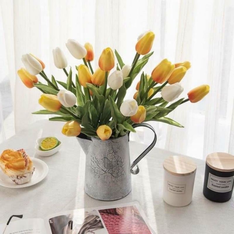 Hoa Giả - Cành Hoa Tuylip cao su loại 1 lá xoăn- Trang Trí Nhà Cửa - cắm hoa để bàn, Bó Hoa Cưới