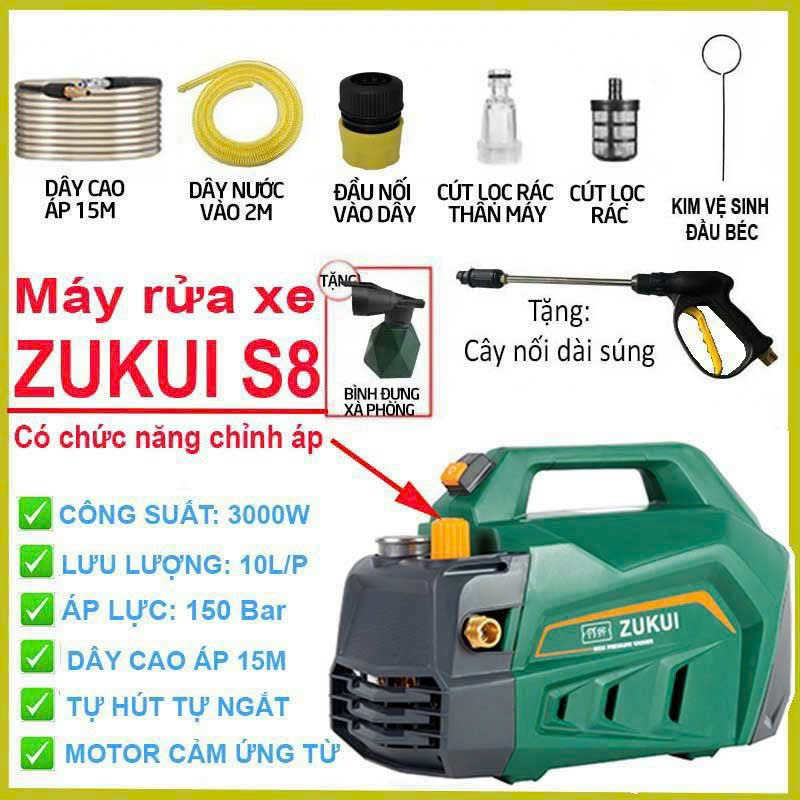 Máy xịt rửa xe chỉnh áp Zukui S8 - 3000W - Model 2022 -Dây 15m bảo hành 12 tháng