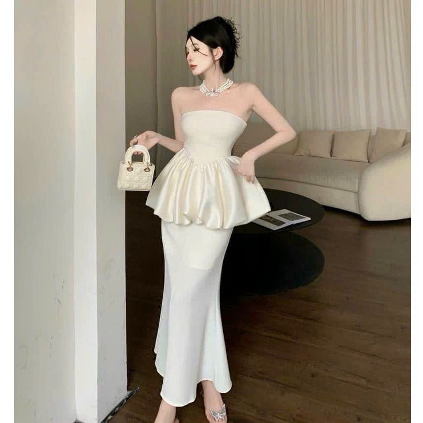 Set đồ nữ sang chảnh áo quây dáng peplum phối chân váy dáng dài xẻ sau thời trang thiết kế gợi cảm sang trọng LEVAN