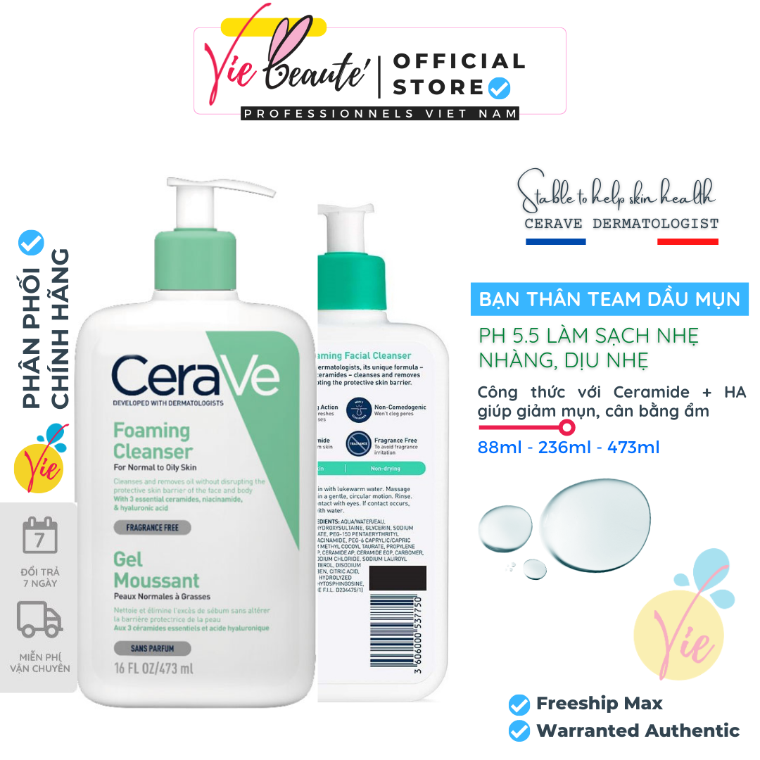 Sữa Rửa Mặt CERAVE Foaming Cleanser For Normal To Oily Skin cho da thường, da dầu