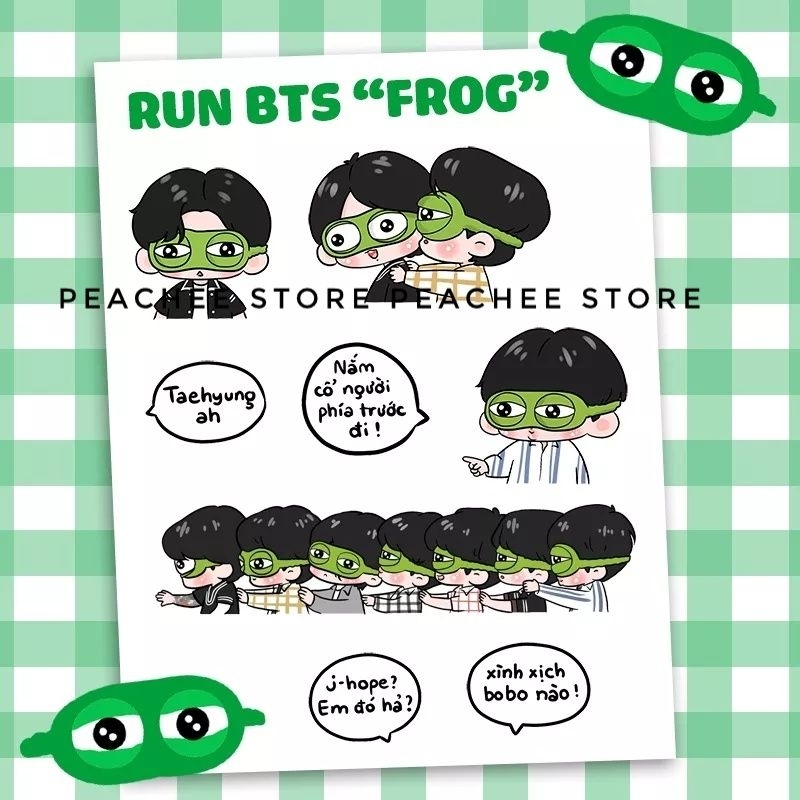 Sticker hình dán Run BTS Telepathy bịt mắt con ếch chibi đáng yêu