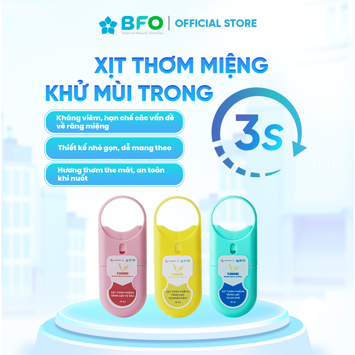 Xịt Thơm Miệng BFO Vị Tăng Lực Hương Nhân Sâm, Cà Phê, Dâu Cho Hơi Thở Thơm Mát 10ml