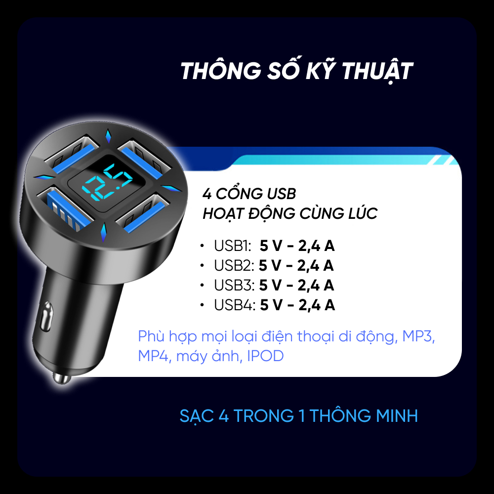 Tẩu Sạc Ô Tô Sạc Nhanh Quick Charge 66W 3.0 Có 4 Cổng Sạc Đèn Led cục sạc nhanh trên ô tô xe máy cho xiaom iphon samsung | BigBuy360 - bigbuy360.vn