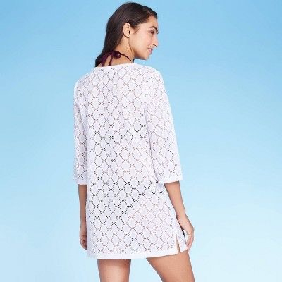 Áo choàng mặc ngoài bộ biniki cover up tay lỡ ren trắng K0na xuất khẩu