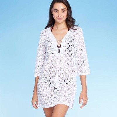 Áo choàng mặc ngoài bộ biniki cover up tay lỡ ren trắng K0na xuất khẩu