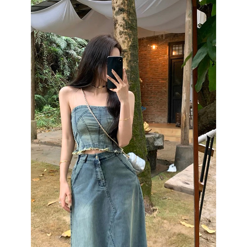 Set Áo Quây Ngực Mix Chân Váy Denim Dáng Dài Thời Trang Nữ