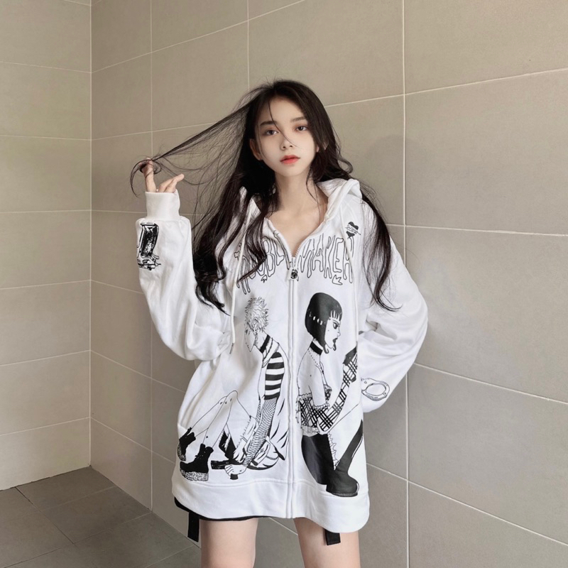 Áo khoác nỉ nam nữ in hoạ tiết trắng đen Trouble Maker thiết kế WHENIMNASTY