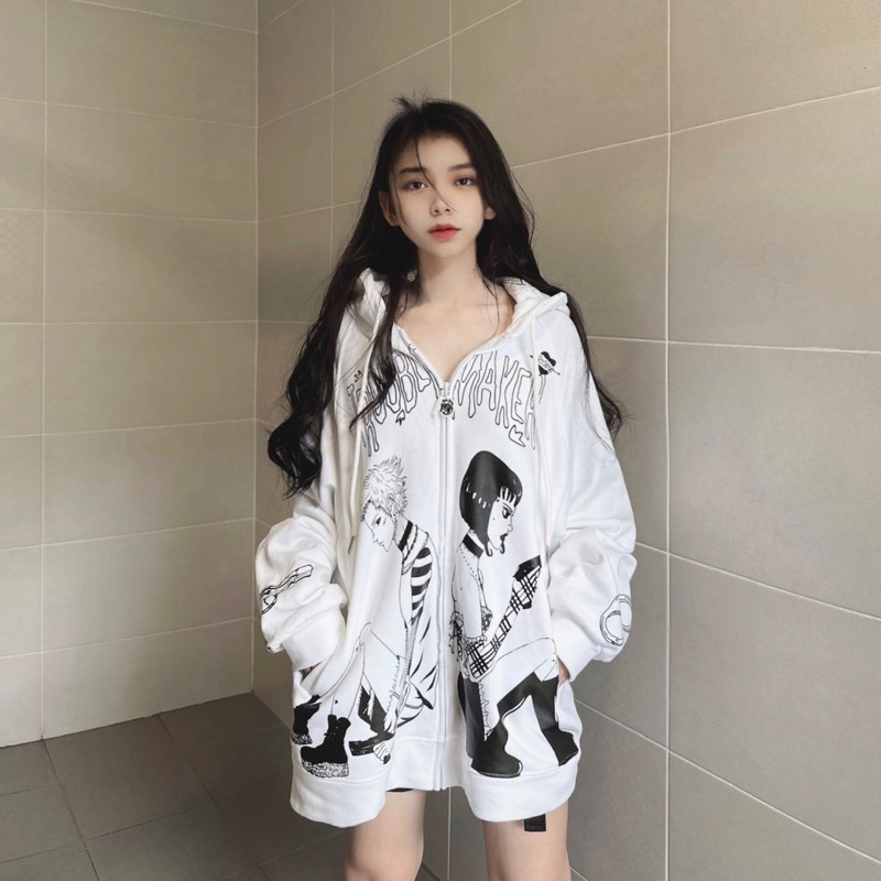 Áo khoác nỉ nam nữ in hoạ tiết trắng đen Trouble Maker thiết kế WHENIMNASTY