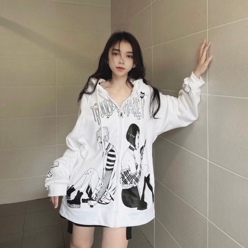 Áo khoác nỉ nam nữ in hoạ tiết trắng đen Trouble Maker thiết kế WHENIMNASTY