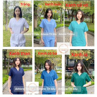 Bộ blouse cổ tim nam nữ cộc tay vải lon nhật - bộ scrubs kỹ thuật viên cho điều dưỡng, dược sỹ, y tá, bác sĩ .