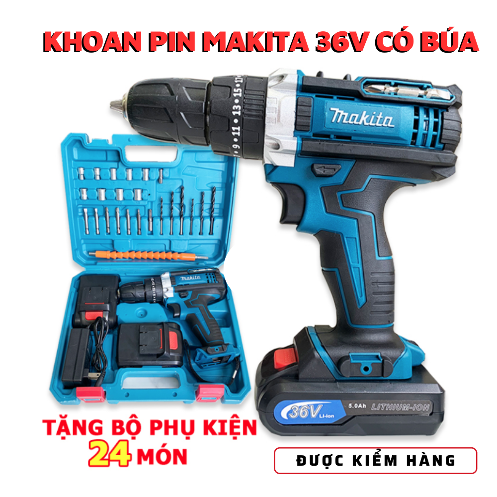 Máy Khoan Pin Makita, Máy Khoan Pin 36v, 3 Chức Năng Khoan Tường, Bắt Vít, Khoan Sắt, Tặng Kèm Phụ Kiện 24 Chi Tiết