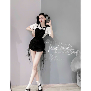 sét áo đầm yếm rút dây cá tính dạo phố phối viền đen set1997 byn