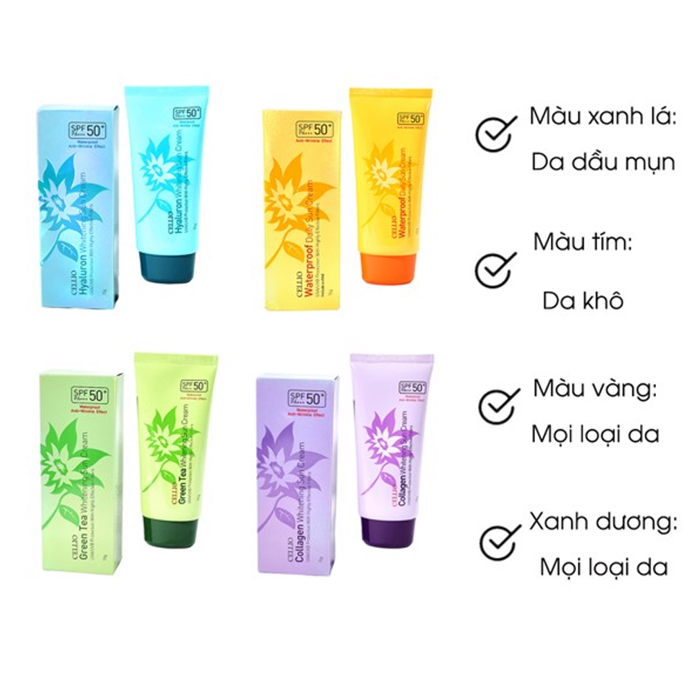Kem chống nắng Cellio Hàn Quốc SPF 50 PA+++ Green Tea, Colagen, Waterproof Daily