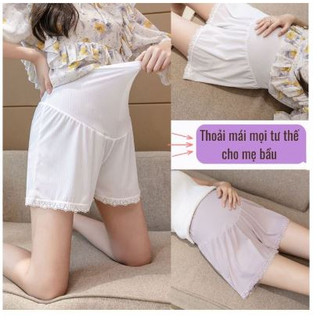 Quần đùi bầu, quần short bà bầu chất lụa viền ren có dây chun chỉnh, đáp bụng thoáng mát