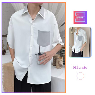 Áo sơ mi nam phối cổ phối túi ngực ICRAZY phong cách hàn quốc, form rộng chất thô boil