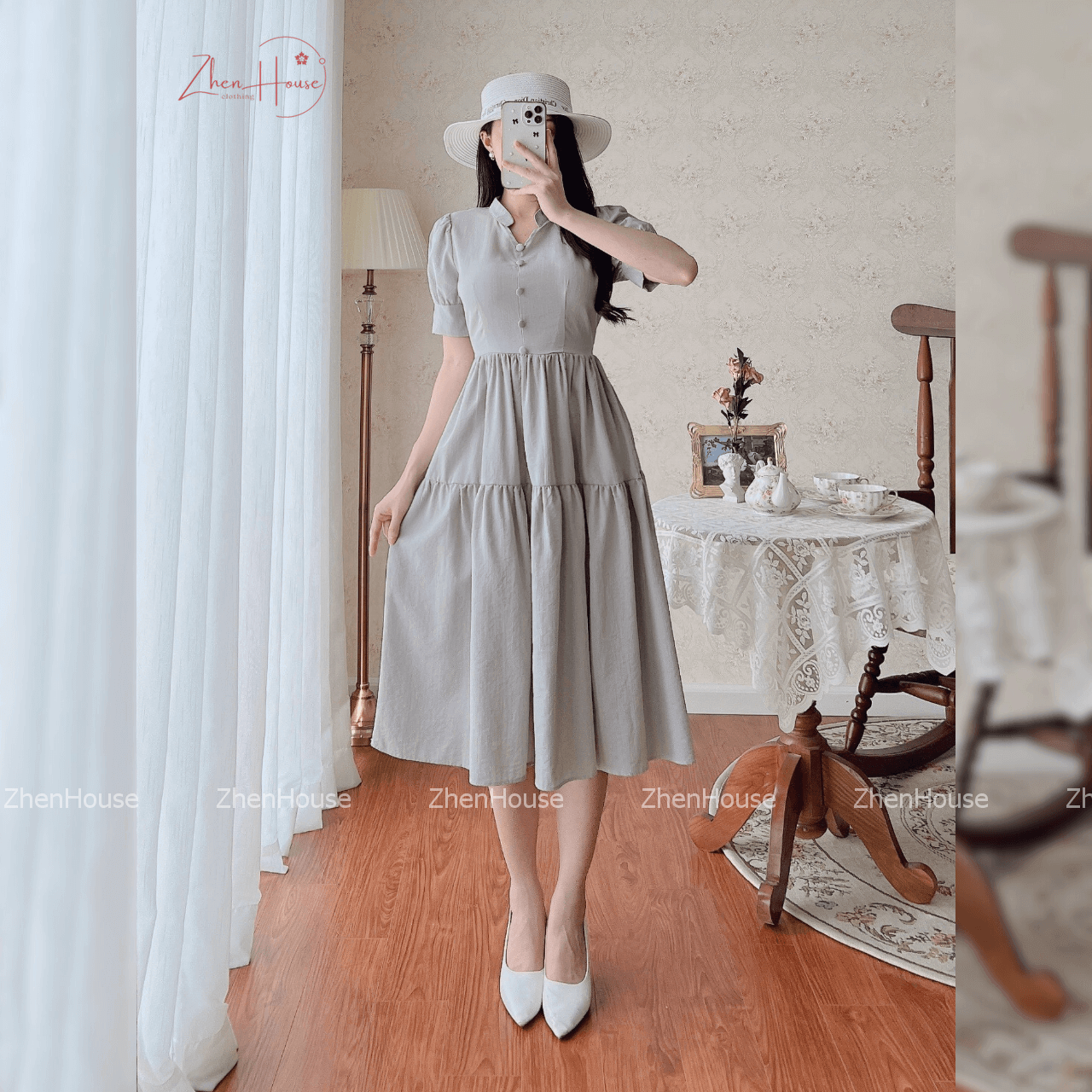 Váy Cổ Tàu Dáng Dài Chất Đũi Không Nhăn Phong Cách Tiểu Thư VH12 ZhenHouse