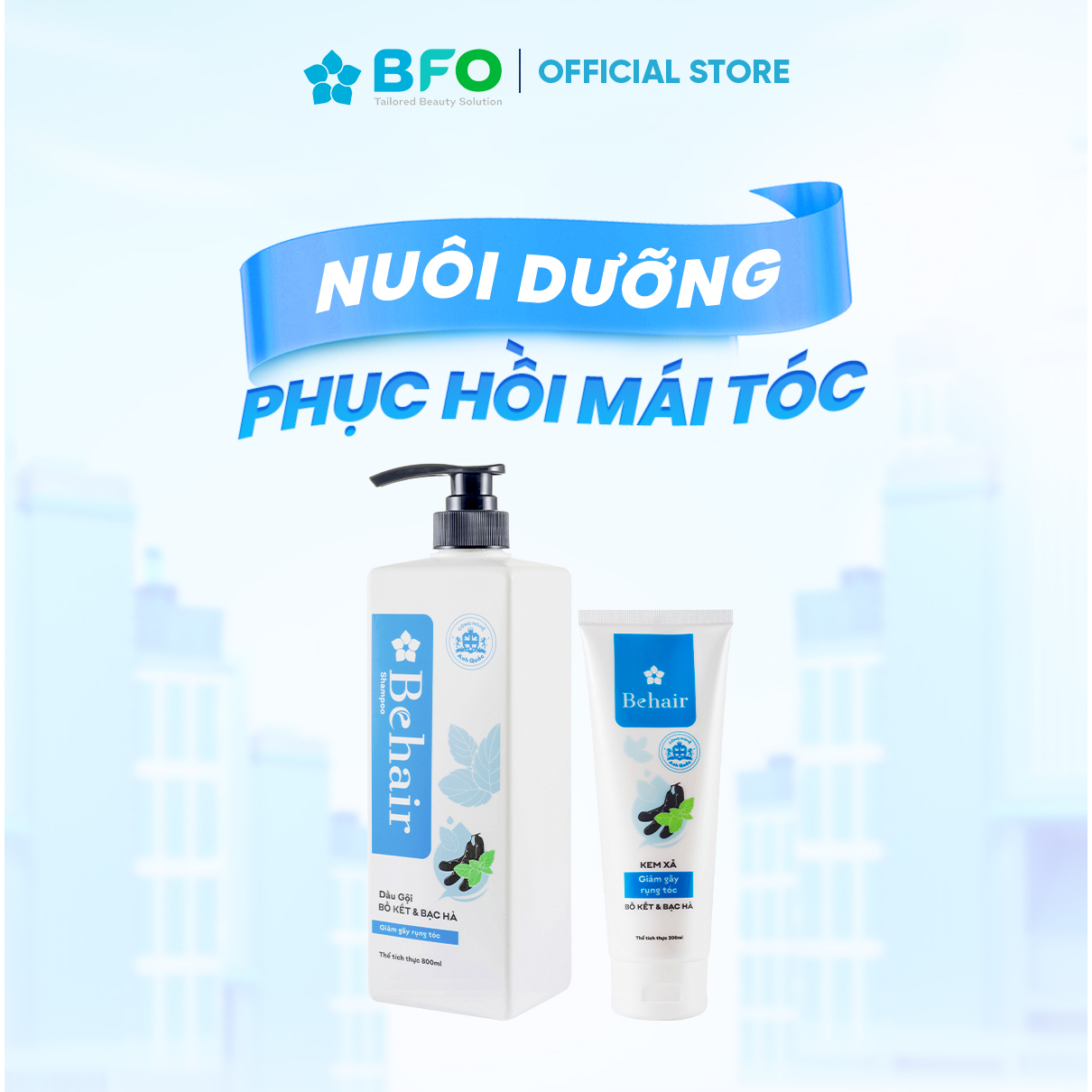 Dầu Gội Xả BFO Bồ Kết Và Bạc Hà Tinh Chất Từ Thiên Nhiên Phục Hồi Tóc Khô Xơ Dung Tích 800ml/ Dầu Xả 200ml