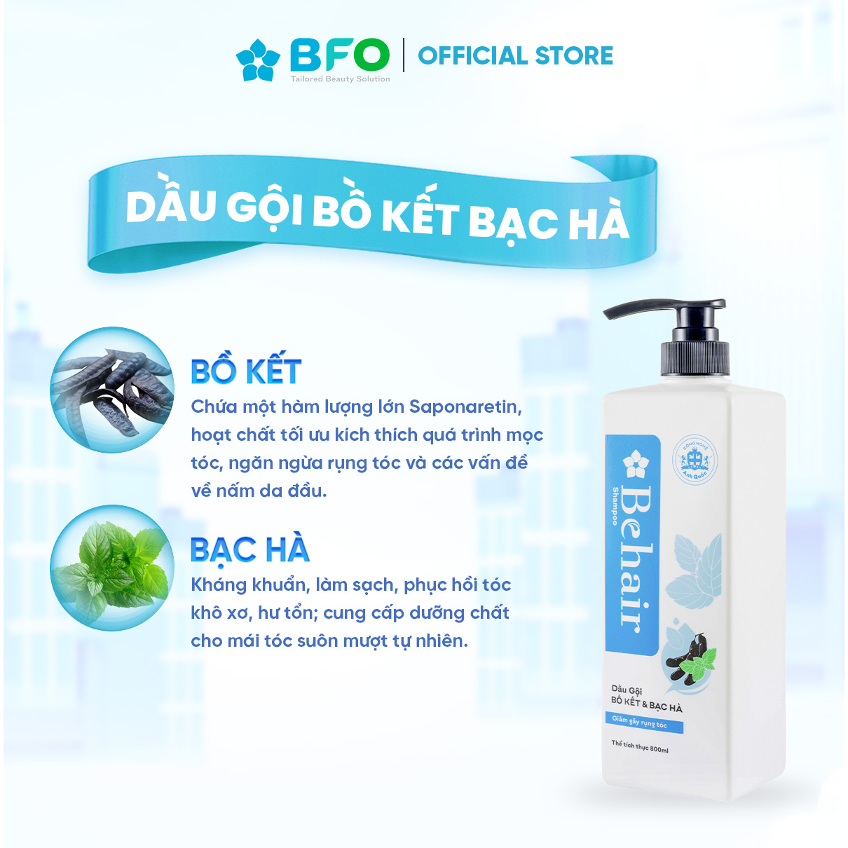 Dầu Gội Xả BFO Bồ Kết Và Bạc Hà Tinh Chất Từ Thiên Nhiên Phục Hồi Tóc Khô Xơ Dung Tích 800ml/ Dầu Xả 200ml