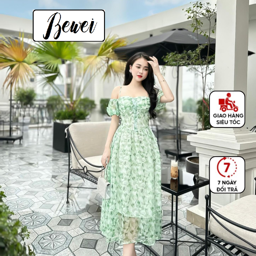 Váy maxi tơ hoa trễ vai đi biển cho nữ ,Đầm maxi hoa trễ vai thiết kế