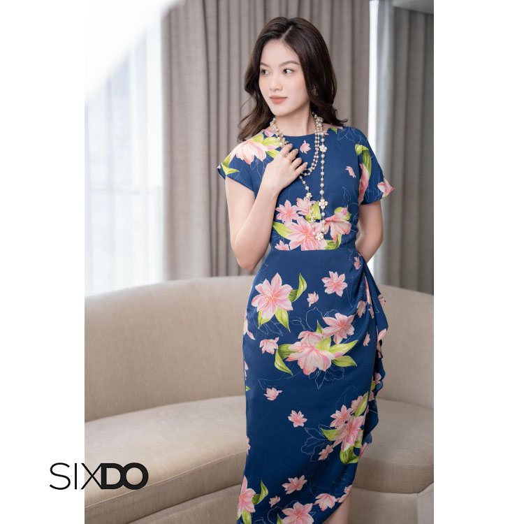 Đầm hoa woven nhún eo xẻ vạt thời trang SIXDO (Asymmetric Midi Silk Dress)