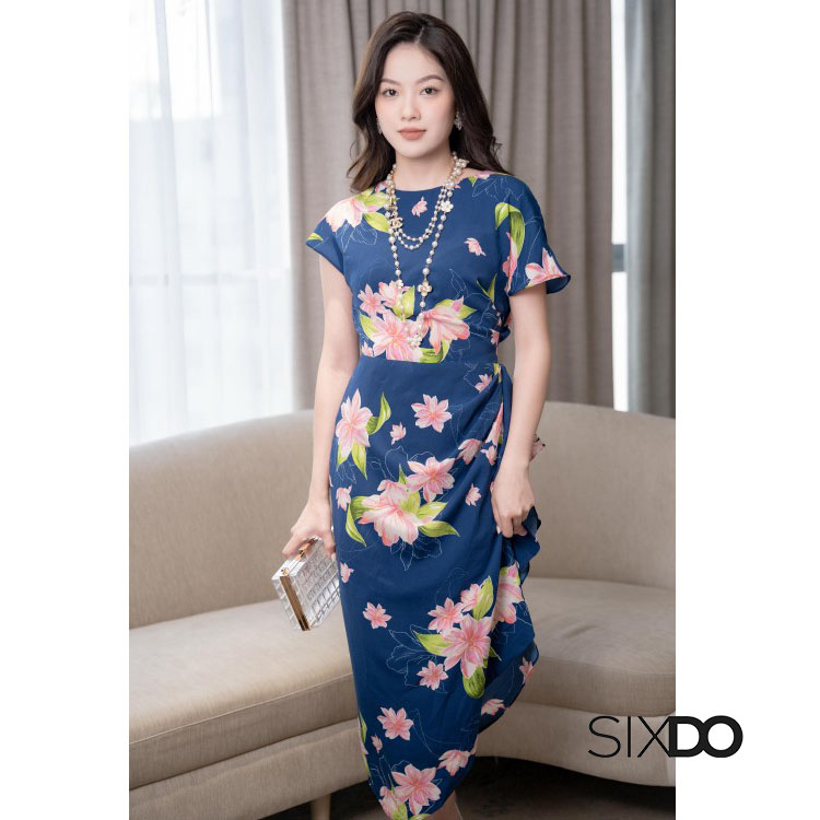 Đầm hoa woven nhún eo xẻ vạt thời trang SIXDO (Asymmetric Midi Silk Dress)