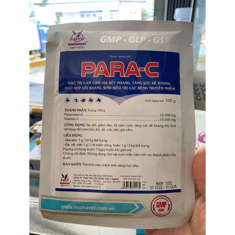 para và vitamin c hạ sốt, giảm đau, tăng đề kháng, cho gia súc gia cầm 100g