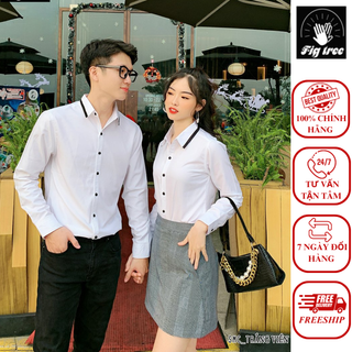 Áo Sơ Mi Cặp Fig Tree  Màu Trắng Phối Cổ Viền Đen Siêu Xinh