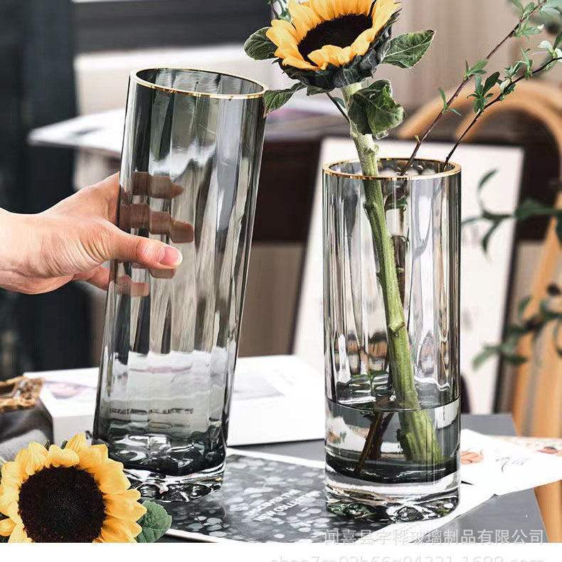 Bình hoa thủy tinh trụ viền vàng decor phòng ngủ và trang trí phòng khách cao cấp | BigBuy360 - bigbuy360.vn