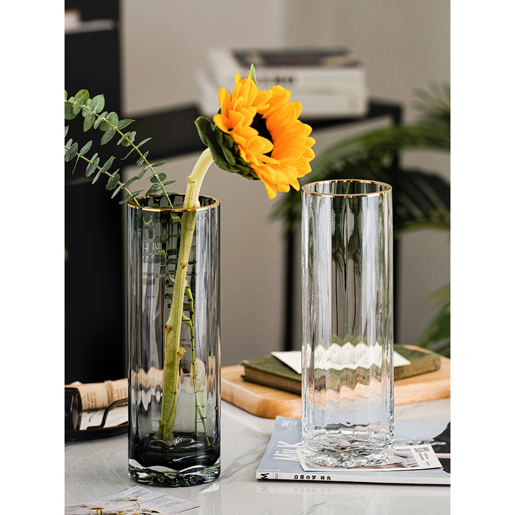 Bình hoa thủy tinh trụ viền vàng decor phòng ngủ và trang trí phòng khách cao cấp | BigBuy360 - bigbuy360.vn