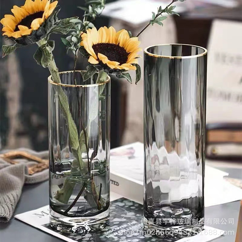 Bình hoa thủy tinh trụ viền vàng decor phòng ngủ và trang trí phòng khách cao cấp | BigBuy360 - bigbuy360.vn